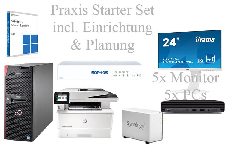 Praxis IT-Komplett Paket 5 Arbeitsplätze + Server + Lizenzen + Firewall + NAS + Drucker + Kompletter Konfiguration + Support
